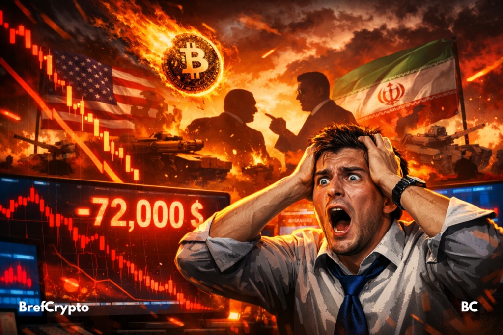 Un trader paniqué hurle devant des écrans rouges affichant -72 000 $, avec un Bitcoin en feu tombant.