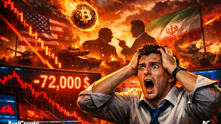 Un trader paniqué hurle devant des écrans rouges affichant -72 000 $, avec un Bitcoin en feu tombant.