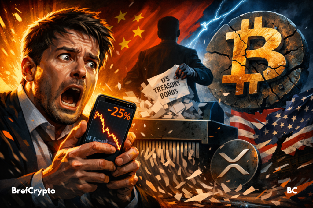 Bitcoin fissuré et les drapeaux chinois et américain déchirés.