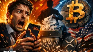 Bitcoin fissuré et les drapeaux chinois et américain déchirés.