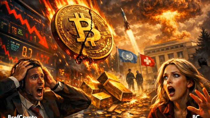 Bitcoin et lingots chutent, panique, Genève en fond.