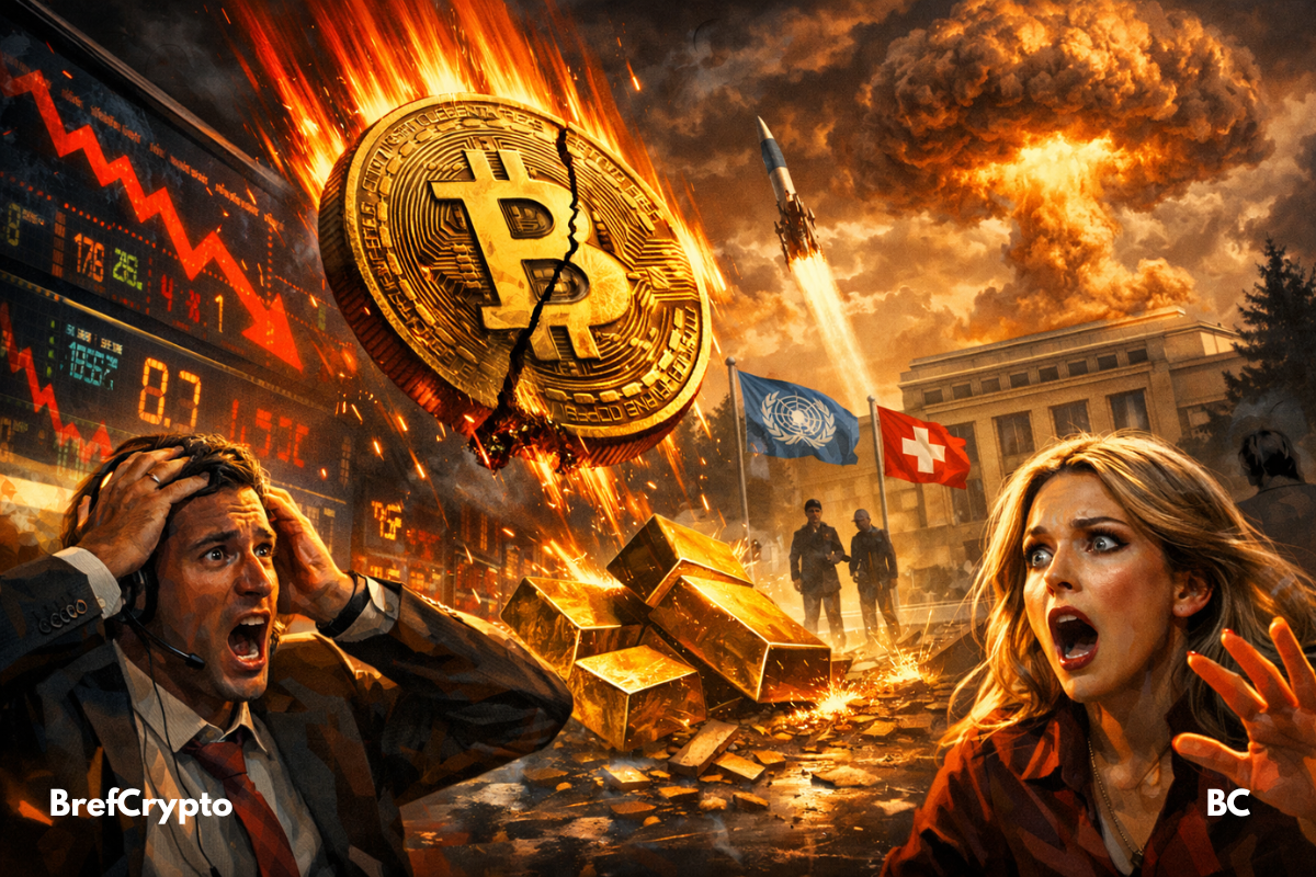 Bitcoin et lingots chutent, panique, Genève en fond.