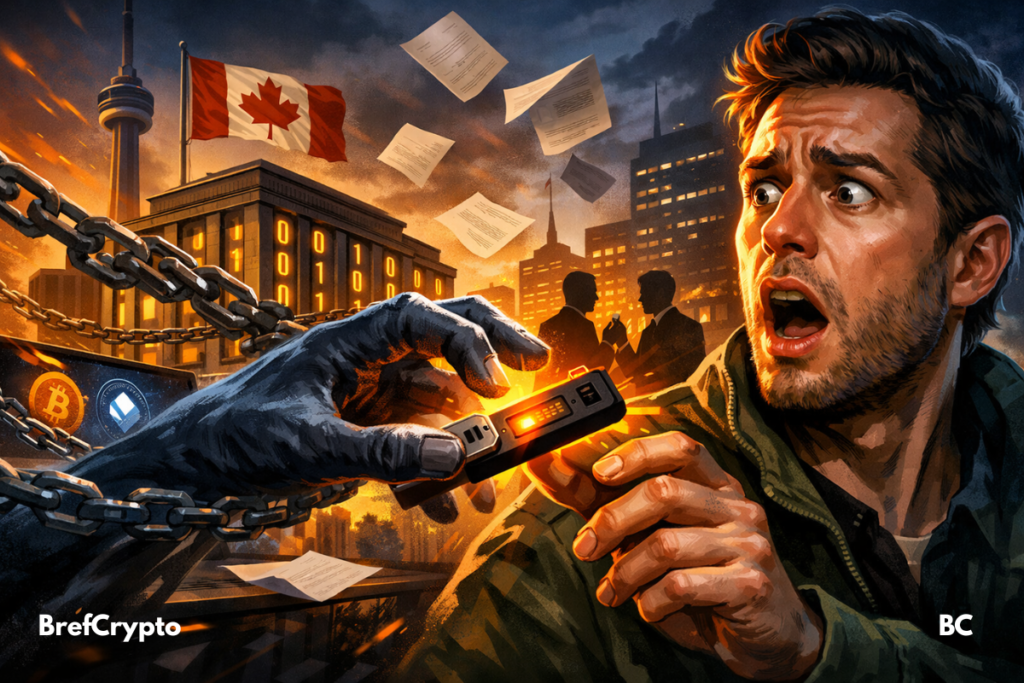 Homme choqué tenant une clé crypto, une main fantomatique la saisit devant un bâtiment gouvernemental canadien.