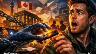 Homme choqué tenant une clé crypto, une main fantomatique la saisit devant un bâtiment gouvernemental canadien.
