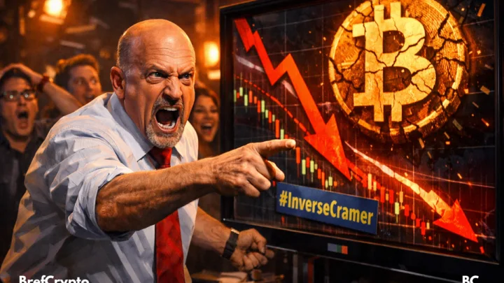 Jim Cramer crie en pointant un écran où le Bitcoin chute, entouré de spectateurs choqués et moqueurs.
