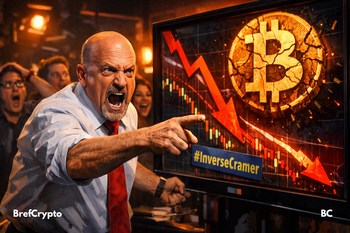 Jim Cramer crie en pointant un écran où le Bitcoin chute, entouré de spectateurs choqués et moqueurs.
