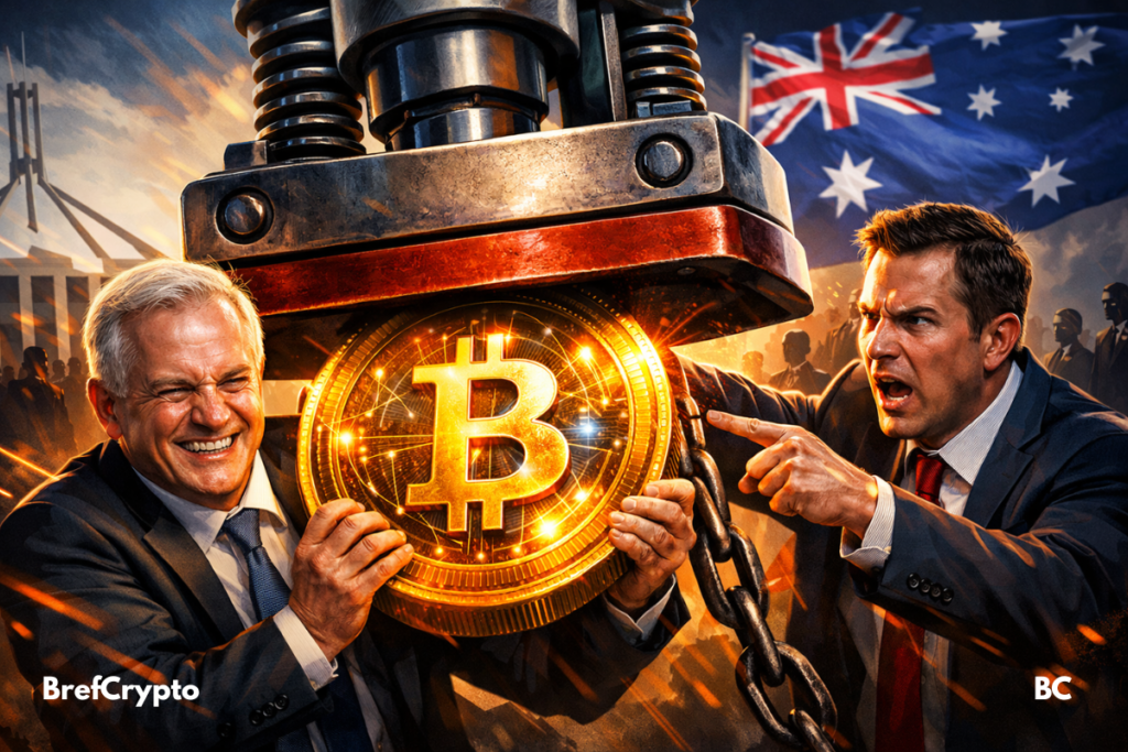Dirigeants australiens furieux, tampon géant écrase Bitcoin lumineux devant Parlement.