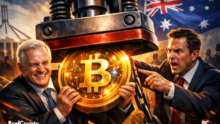 Dirigeants australiens furieux, tampon géant écrase Bitcoin lumineux devant Parlement.