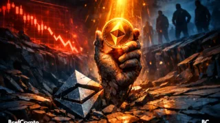 ne main émerge d’un sol fracturé, tenant un jeton Ethereum lumineux.