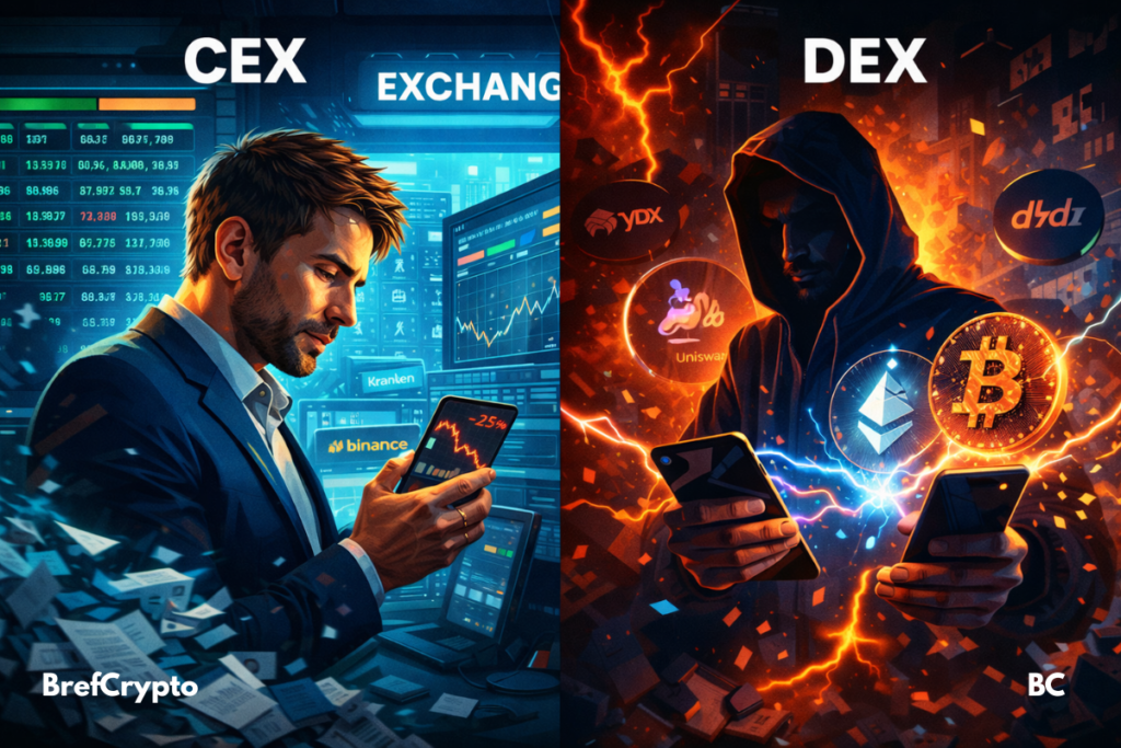 Une silhouette masquée échange sur un DEX, entre éclairs et logos crypto.