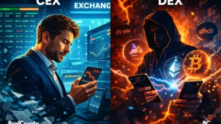 Une silhouette masquée échange sur un DEX, entre éclairs et logos crypto.