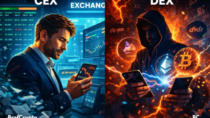 Une silhouette masquée échange sur un DEX, entre éclairs et logos crypto.