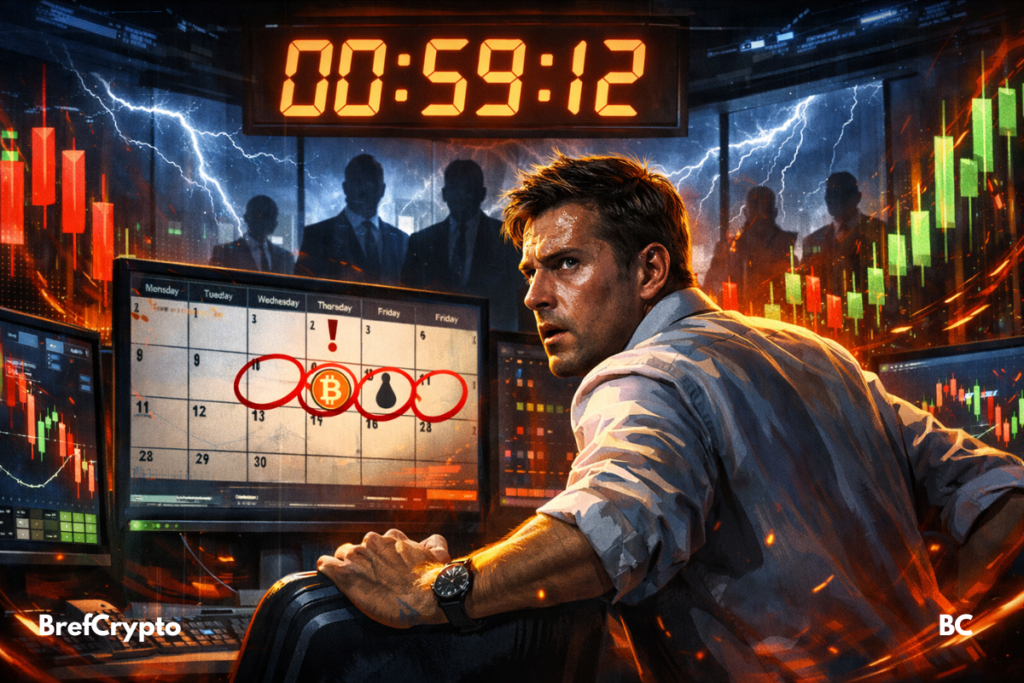 Trader anxieux devant écrans, compte à rebours et calendrier crypto, tension palpable avant événements décisifs du marché.