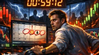 Trader anxieux devant écrans, compte à rebours et calendrier crypto, tension palpable avant événements décisifs du marché.