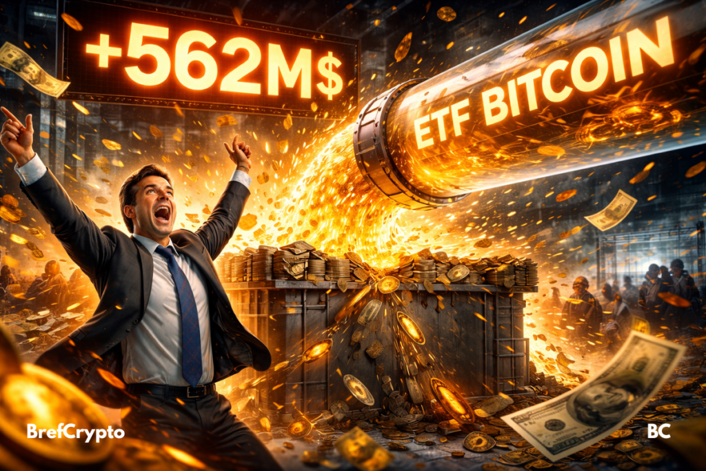 Les ETF Bitcoin cassent la série de sorties : +562 M$ en une journée Un tube marqué "ETF Bitcoin"