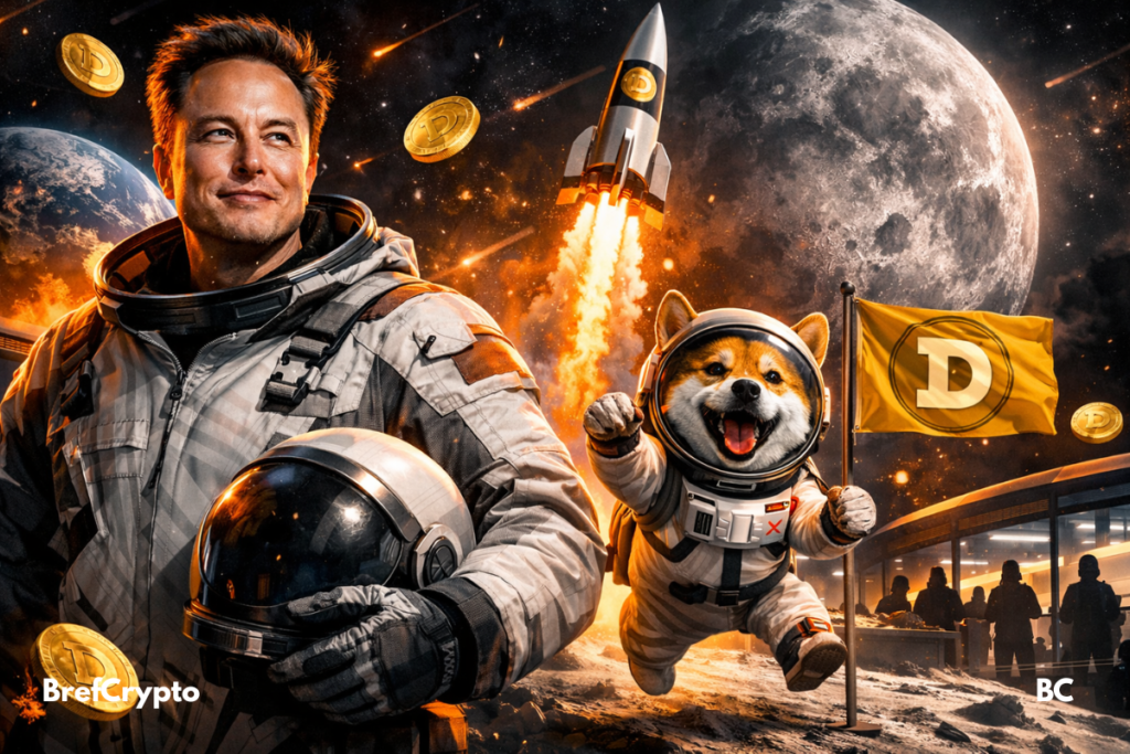 Elon Musk sur la Lune aux côtés d’un Dogecoin