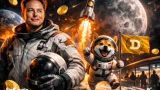 Elon Musk sur la Lune aux côtés d’un Dogecoin