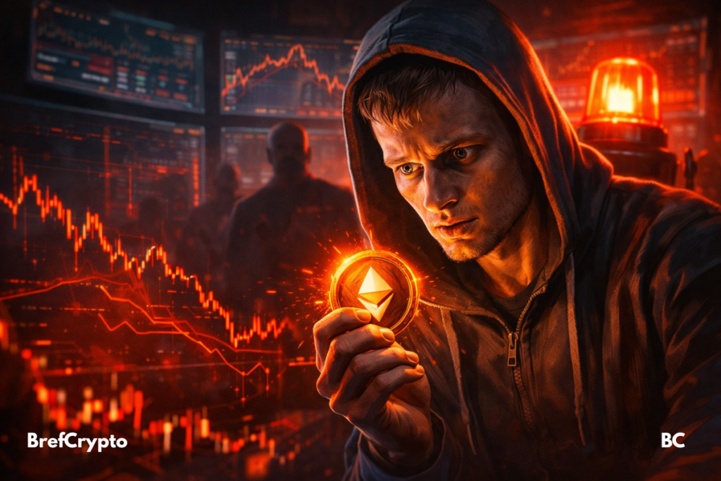 Homme tendu tient une pièce ETH lumineuse devant des écrans de marché rouges