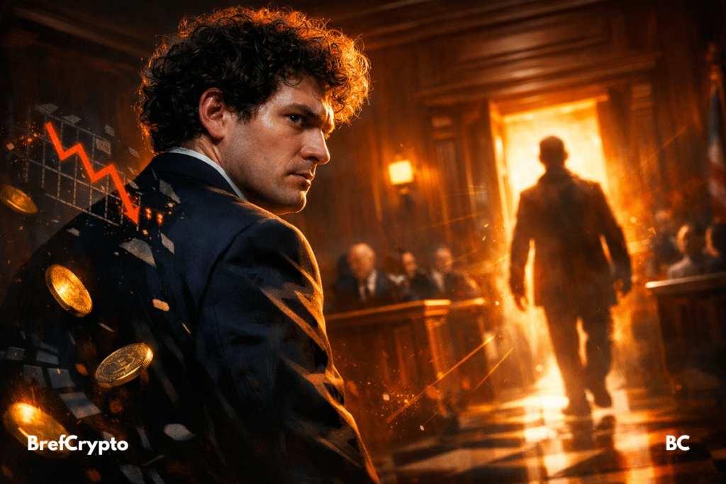 Sam Bankman Fried tendu au tribunal, silhouette mystérieuse illuminée, ambiance dramatique orange, tension judiciaire intense crypto.