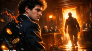 Sam Bankman Fried tendu au tribunal, silhouette mystérieuse illuminée, ambiance dramatique orange, tension judiciaire intense crypto.