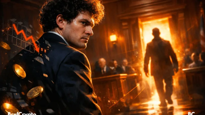 Sam Bankman Fried tendu au tribunal, silhouette mystérieuse illuminée, ambiance dramatique orange, tension judiciaire intense crypto.