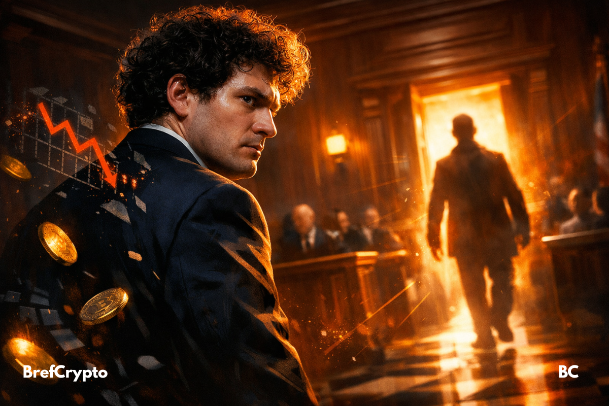 Sam Bankman Fried tendu au tribunal, silhouette mystérieuse illuminée, ambiance dramatique orange, tension judiciaire intense crypto.