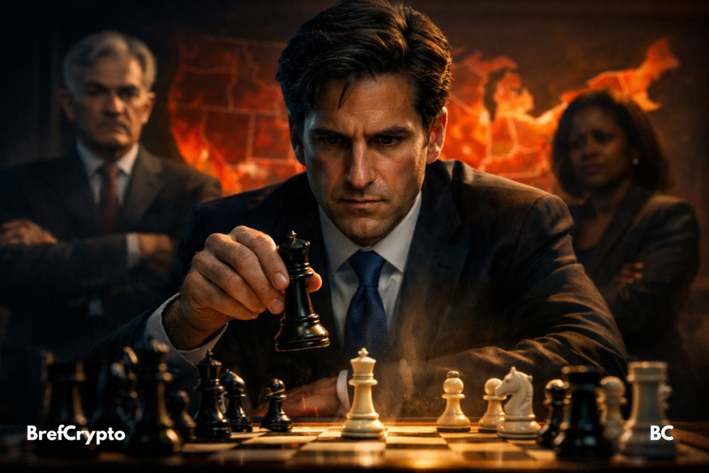 Kevin Warsh concentré devant un échiquier, avec Powell et Cook en arrière-plan flouté,