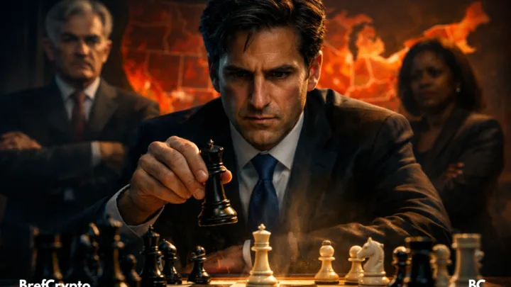 Kevin Warsh concentré devant un échiquier, avec Powell et Cook en arrière-plan flouté,