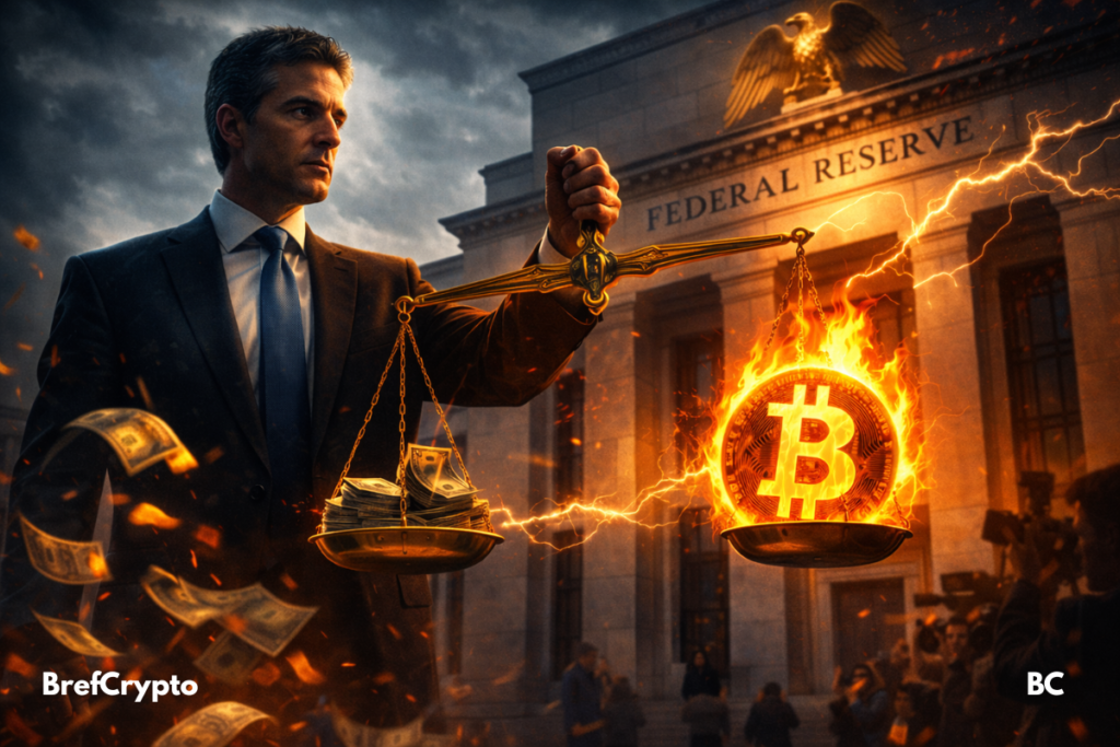 Kevin Warsh à la tête de la Fed : Un coup de pouce pour le bitcoin ? Kevin Warsh tenant une balance entre un Bitcoin en feu