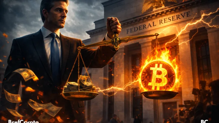 Kevin Warsh tenant une balance entre un Bitcoin en feu