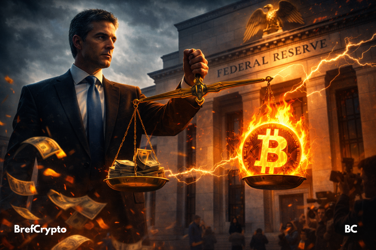 Kevin Warsh tenant une balance entre un Bitcoin en feu