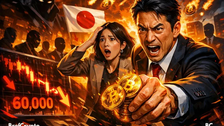 illustration representant des dirigeants japonais réagissant à la chute du Bitcoin au tour de 60 000, symbolisant la stratégie d'achat de Metaplanet malgré la baisse du marché