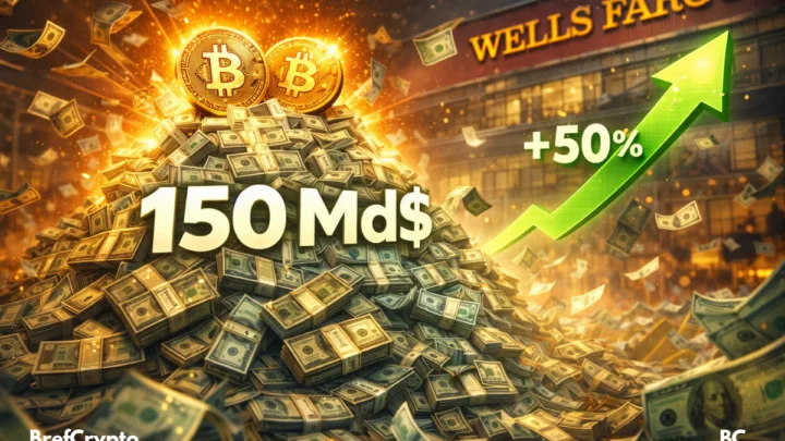 pièces Bitcoin lumineuses, flèche verte en hausse.