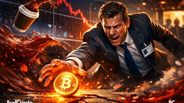 Banquier tend la main vers un jeton crypto orange, graphs rouges en chute derrière.