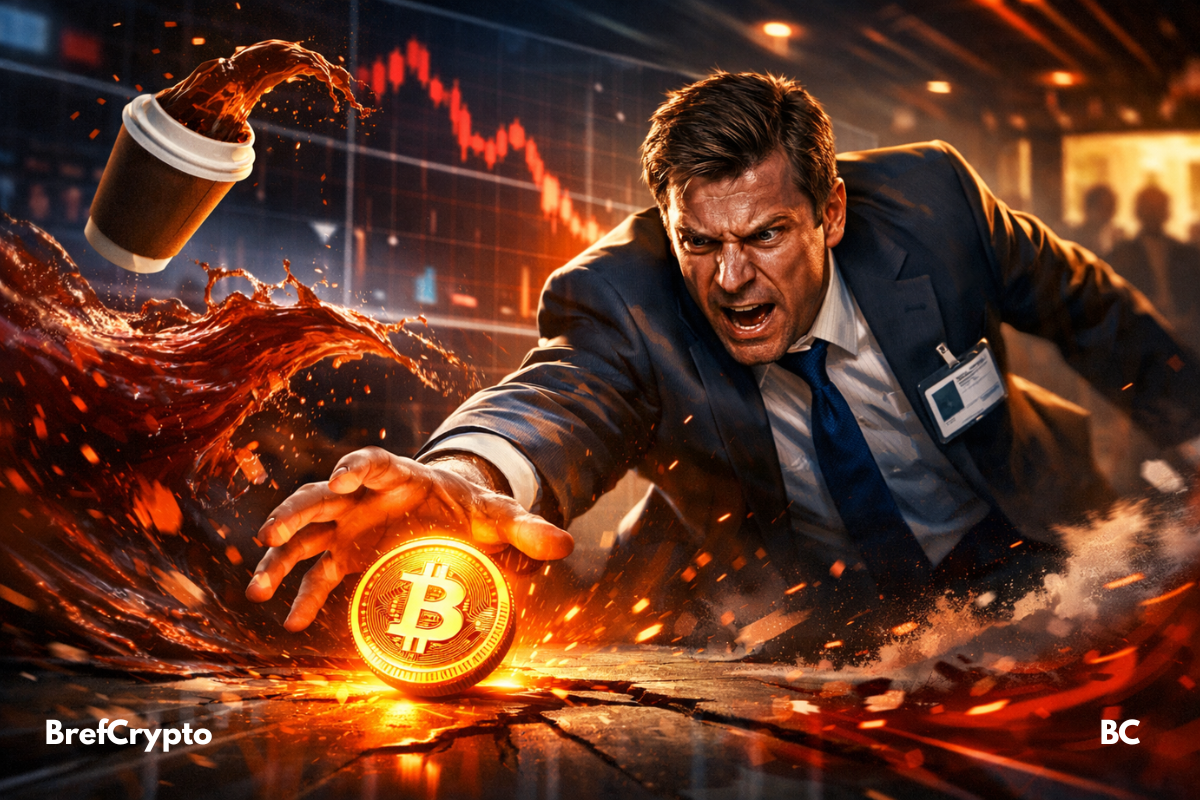 Banquier tend la main vers un jeton crypto orange, graphs rouges en chute derrière.