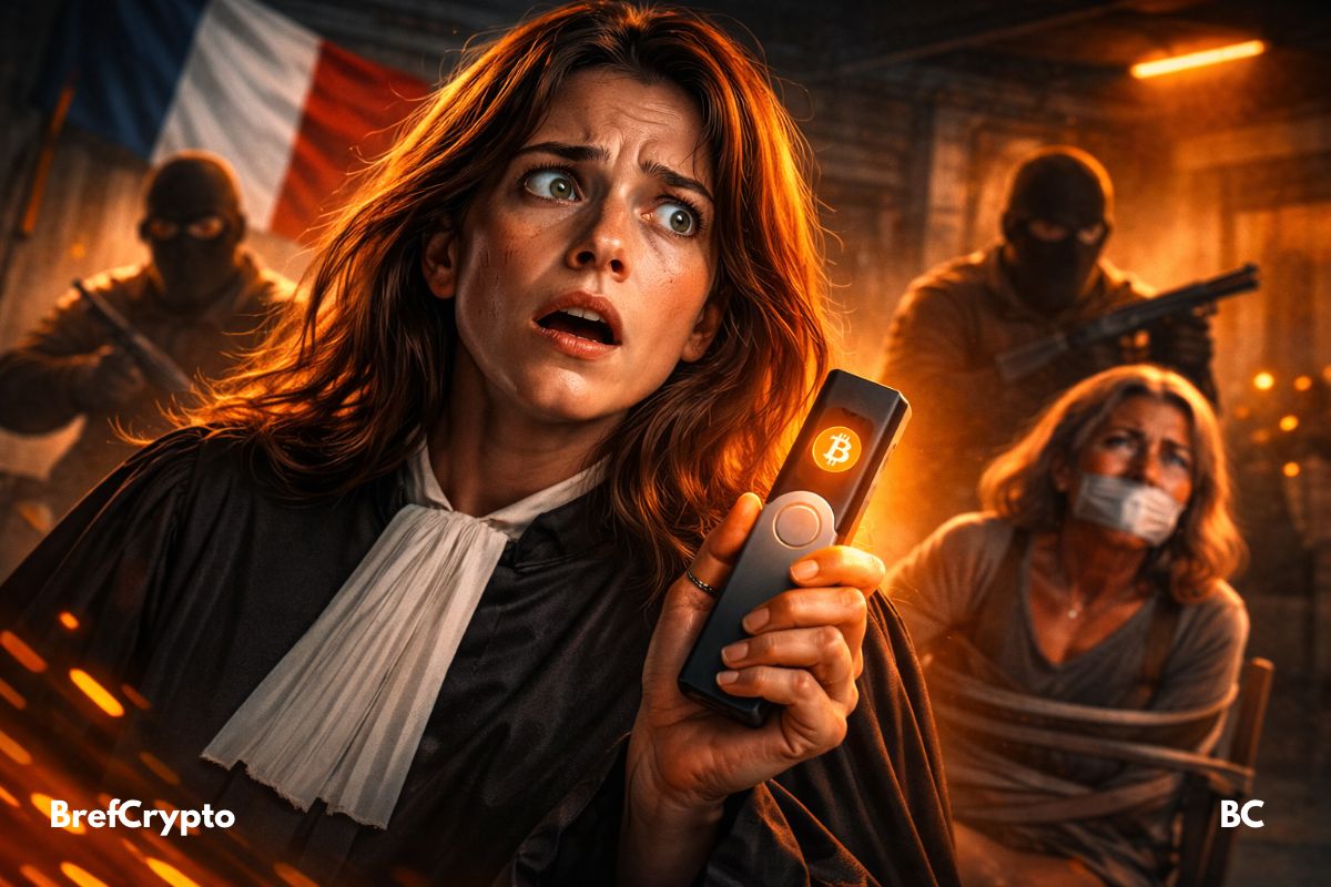 Illustration dramatique montrant une magistrate française et sa mère prises en otage dans une affaire de rançon en cryptomonnaies.