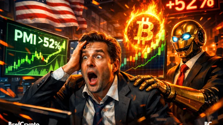 Un trader stupéfait devant un écran affichant "PMI >52%" et un Bitcoin en feu