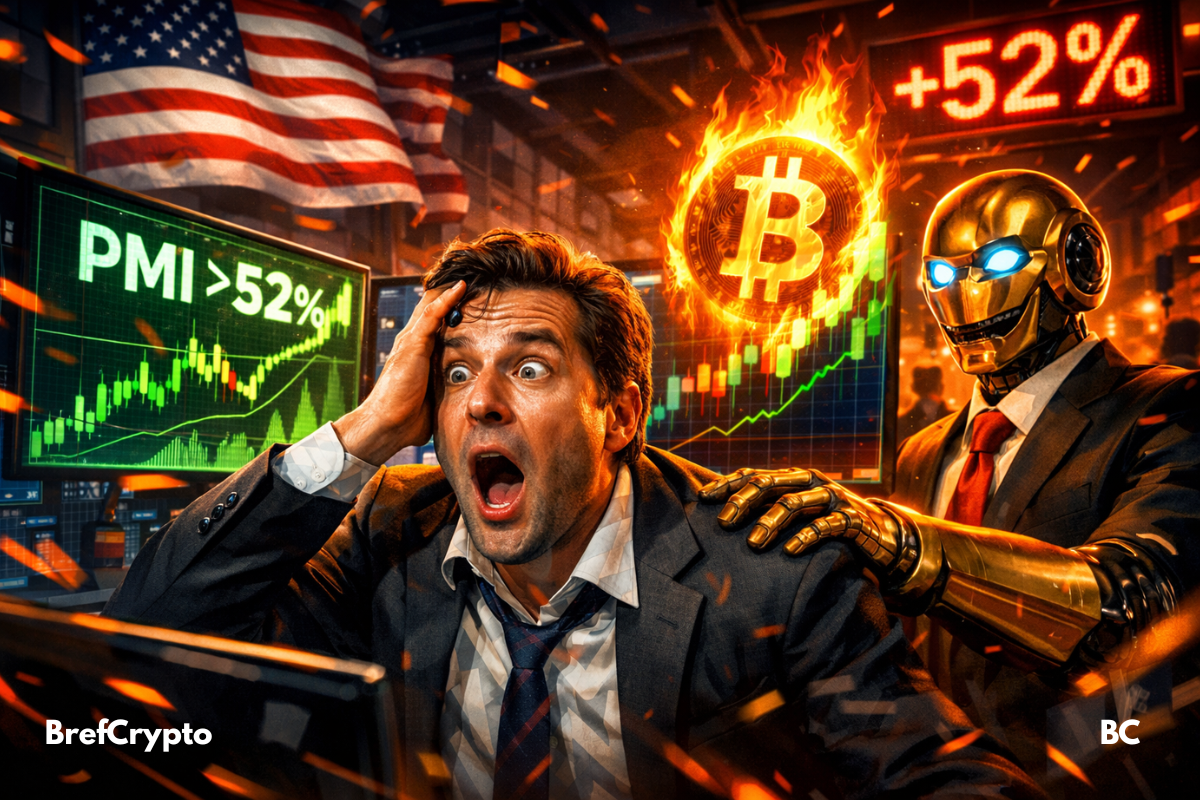 Un trader stupéfait devant un écran affichant "PMI >52%" et un Bitcoin en feu