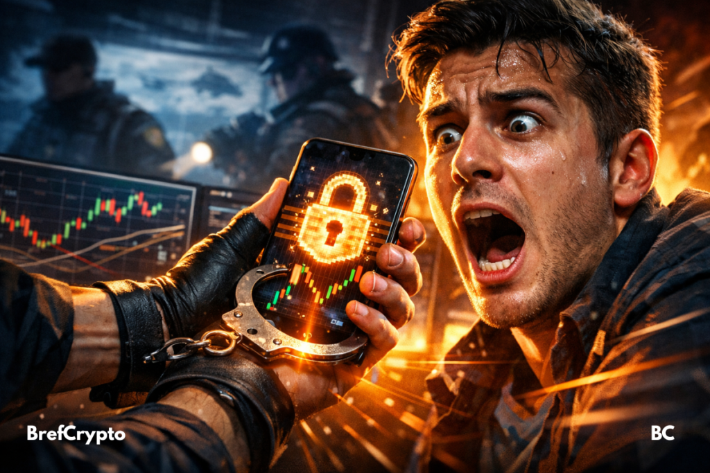 Main gantée menotte un parieur choqué tenant smartphone, cadenas lumineux sur graphique boursier, enquêteurs flous derrière, ambiance thriller.