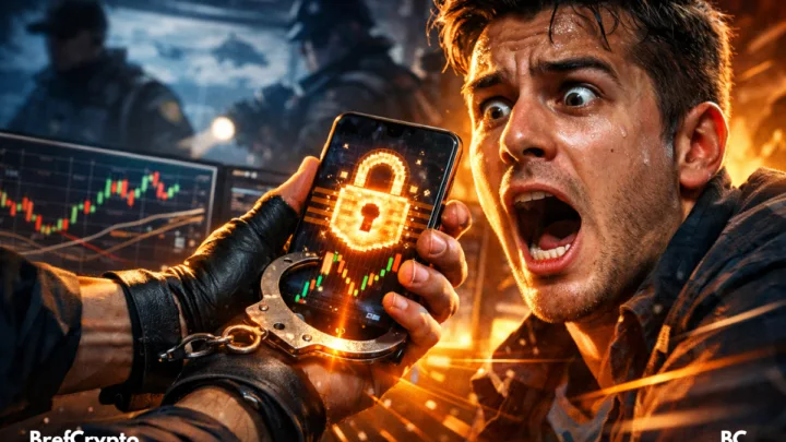 Main gantée menotte un parieur choqué tenant smartphone, cadenas lumineux sur graphique boursier, enquêteurs flous derrière, ambiance thriller.