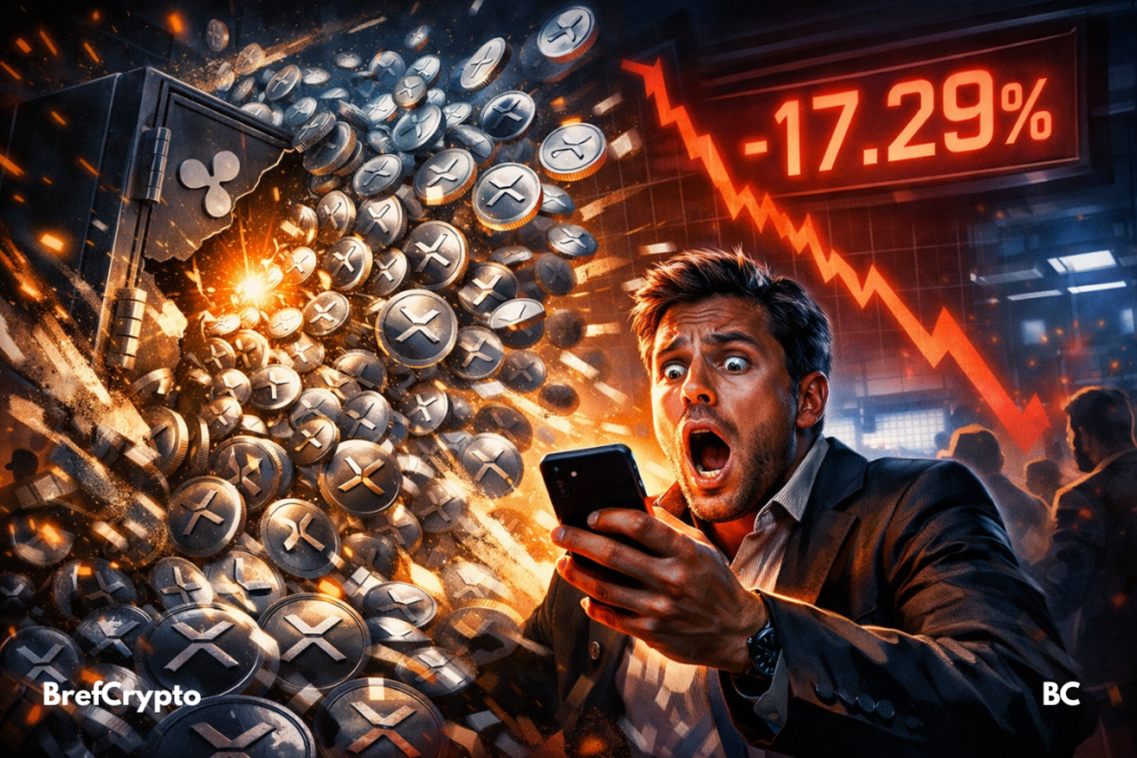 Ripple débloque 1 milliard de XRP, le prix chute de 17,29% sur le marché Un trader paniqué regarde son téléphone, des jetons XRP explosent d’un coffre, fond rouge avec chute de 17,29 %.