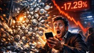Un trader paniqué regarde son téléphone, des jetons XRP explosent d’un coffre, fond rouge avec chute de 17,29 %.