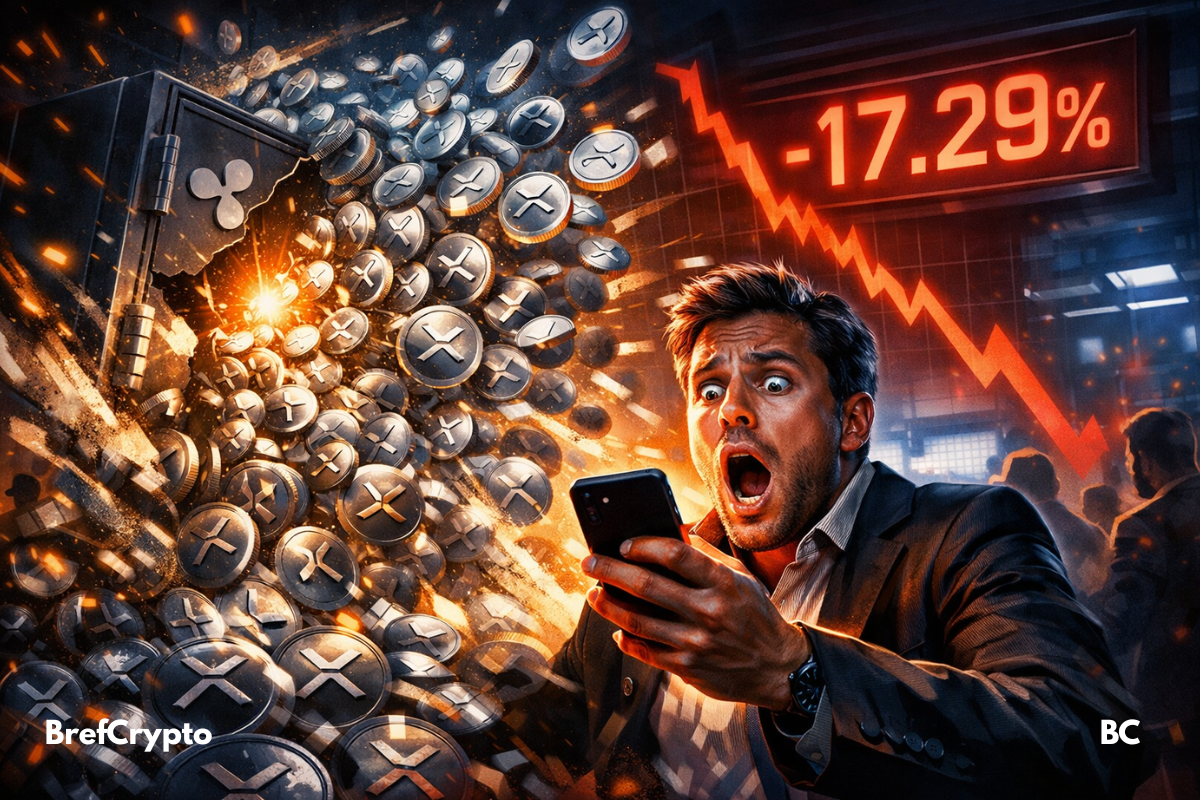 Un trader paniqué regarde son téléphone, des jetons XRP explosent d’un coffre, fond rouge avec chute de 17,29 %.