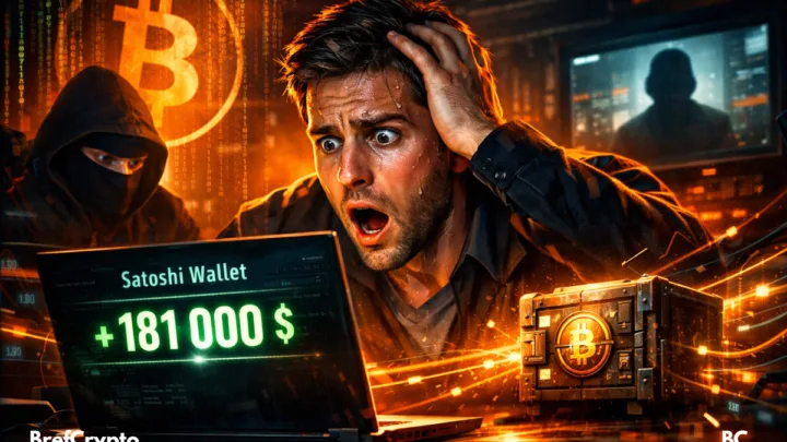 Homme choqué devant un écran affichant un transfert Bitcoin massif, silhouette masquée et symbole Bitcoin en arrière-plan.