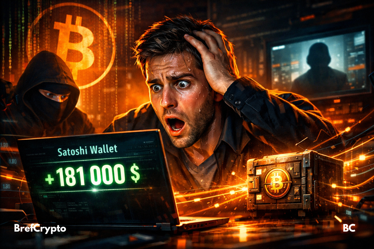 Homme choqué devant un écran affichant un transfert Bitcoin massif, silhouette masquée et symbole Bitcoin en arrière-plan.