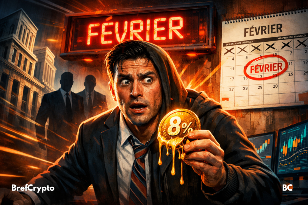 Un homme paniqué, moitié banquier moitié crypto-trader, tient une pièce "8%" fondante devant un calendrier marqué "février".