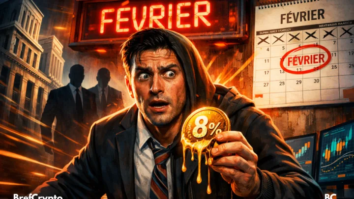 Un homme paniqué, moitié banquier moitié crypto-trader, tient une pièce "8%" fondante devant un calendrier marqué "février".