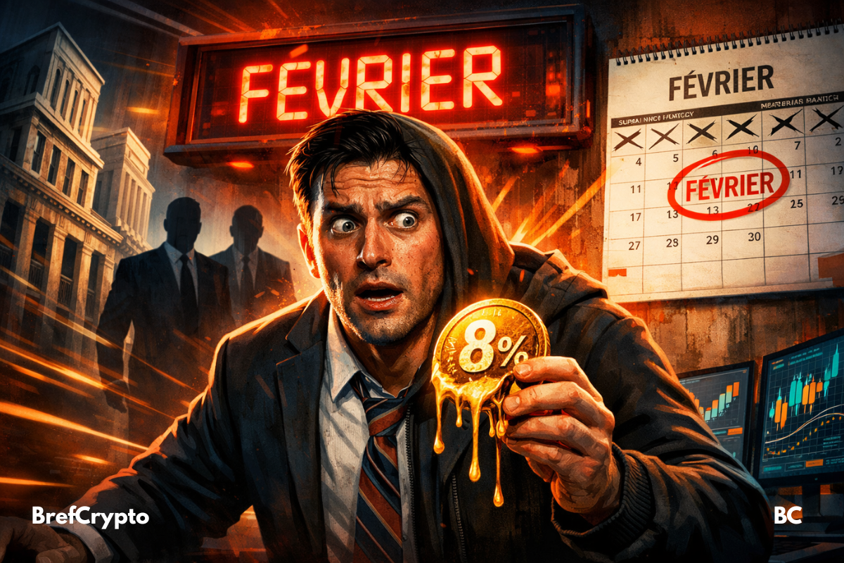 Un homme paniqué, moitié banquier moitié crypto-trader, tient une pièce "8%" fondante devant un calendrier marqué "février".