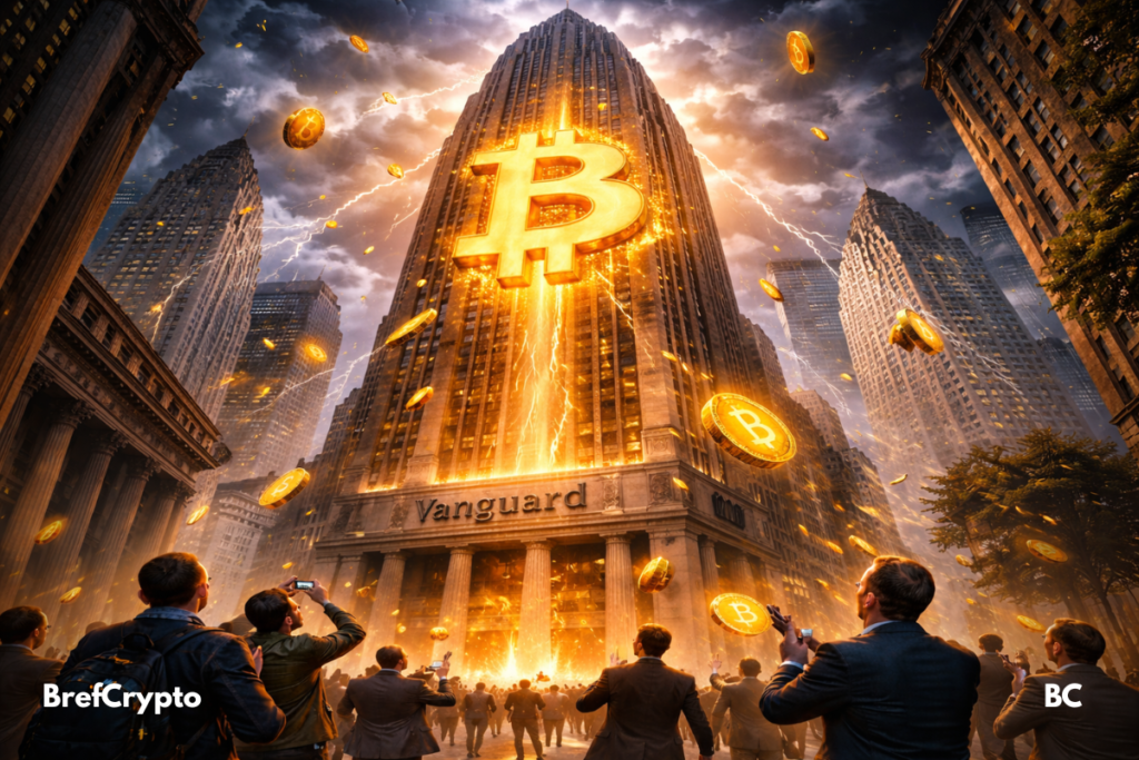 Vanguard" affiche un logo Bitcoin lumineux,