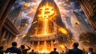 Vanguard" affiche un logo Bitcoin lumineux,